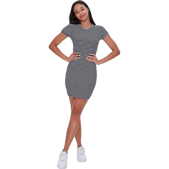 Forever 21 Dress Womens Size Small Black and White Striped Form Fitting Ribbed - Picture 3 of 14